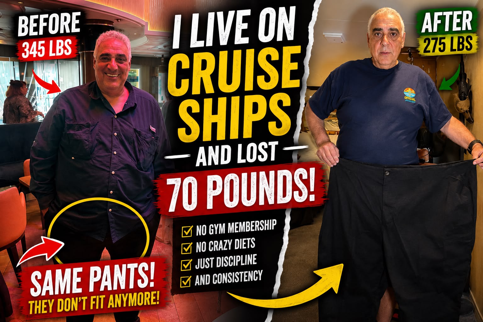 Samy Bishay, I live on cruise ships and lost 70 pounds. Before 345 lbs, After 275 lbs.